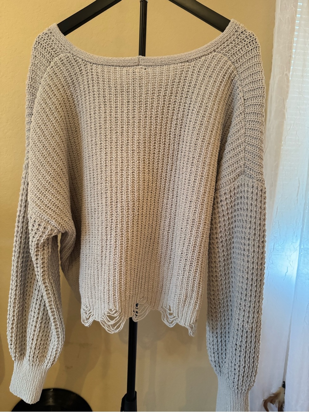 Rue21 Off-the-Shoulder Distressed Knit Sweater in Light Beige